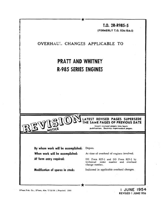 Pratt & Whitney Aircraft Overhaul Changes to R-985 SER Overhaul Changes (2R-R985-5)