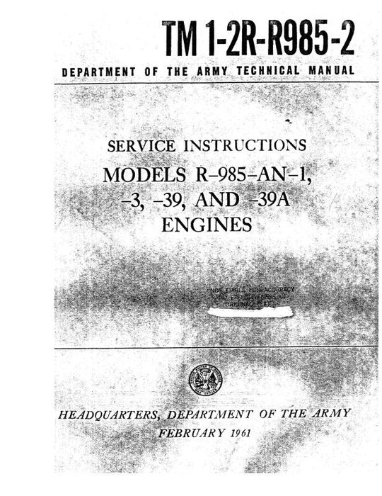 Pratt & Whitney Aircraft R985-AN-1,-3,-39,&-39A Service Instructions (1-2R-R985-2)