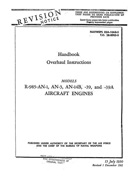 Pratt & Whitney Aircraft R-985-AN-1,3,14B,39,39A 1962 Overhaul (02A-10AB-3)