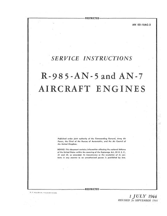 Pratt & Whitney Aircraft R985-AN-5 & AN-7 Service Instructions (02-10AC-2)