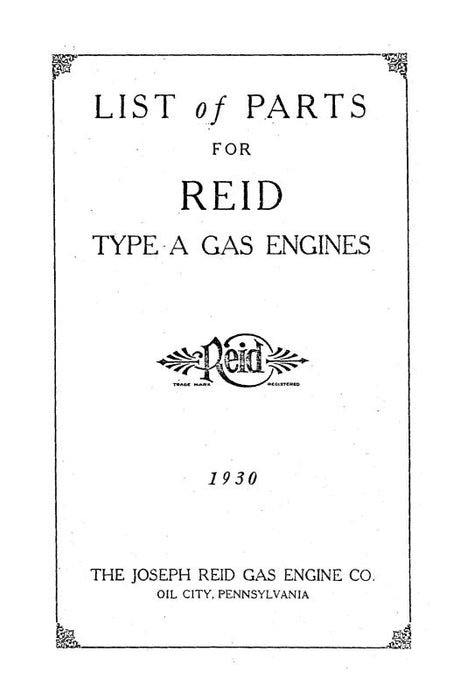 Reid Gas Engine Co Type A Gas Engines 1930 Parts Catalog (RITYPEA-30-P-C)