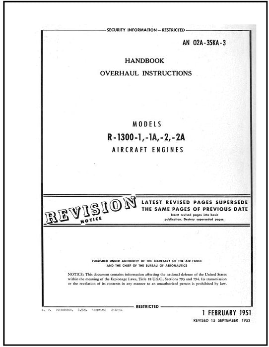 Wright Aeronautical R-1300-1,-1A,-2,-2A 1951 Overhaul Instructions (02A-35KA-3)