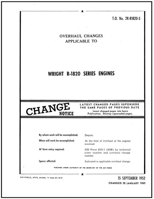 Wright Aeronautical R-1820 Series Changes 1952 Overhaul Changes (2R-R1820-5)