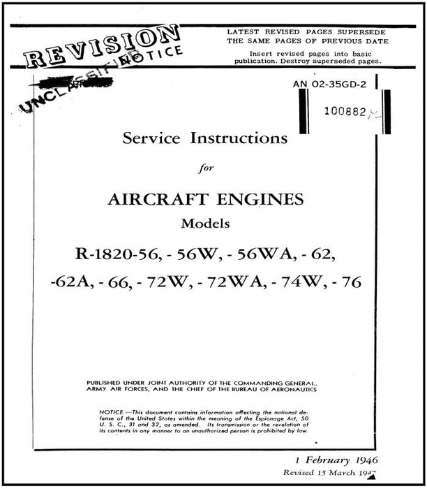 Wright Aeronautical R-1820-56 Series 1946 Maintenance Instructions (02-35GD-2)