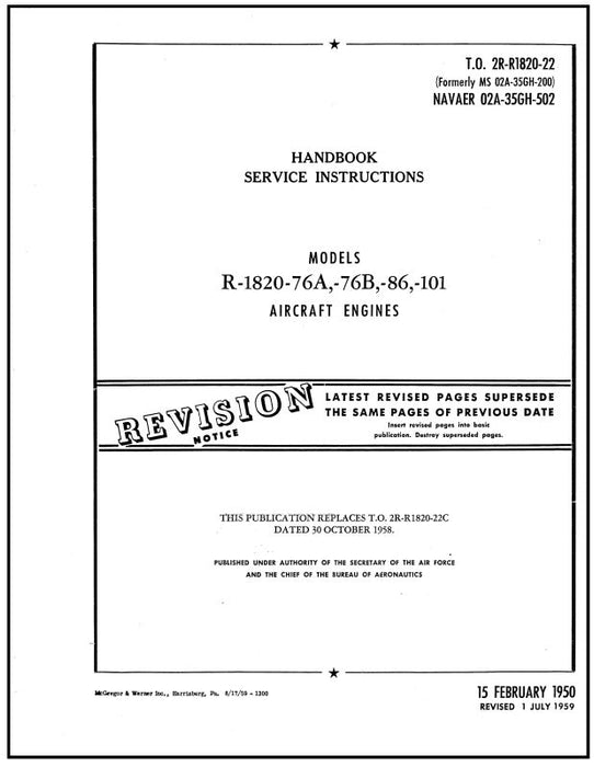 Wright Aeronautical R-1820-76A,-76B,-86,-101 1950 Maintenance Instructions (2R-R1820-22)