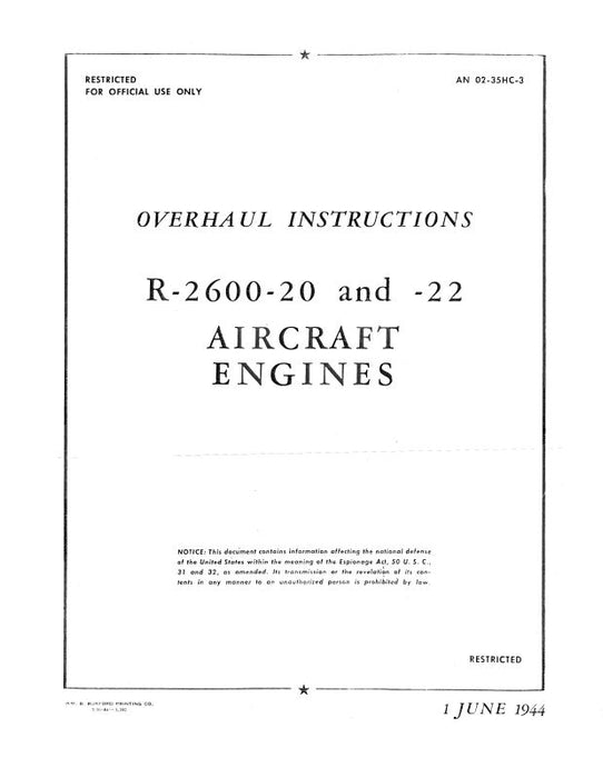 Wright Aeronautical R-2600-20 & R-2600-22 1944 Overhaul Instructions (02-35HC-3)