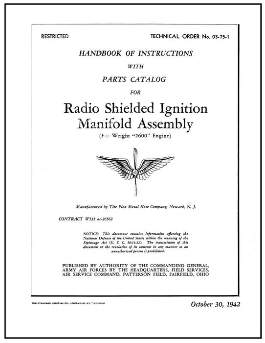Wright Aeronautical R-2600 1942 Handbook of Instructions with Parts Catalog (03-75-1)