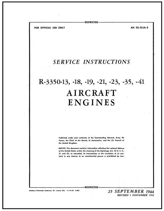 Wright Aeronautical R3350-13,18,19,21,23,35,41 Maintenance Instructions (02-35JA-2)