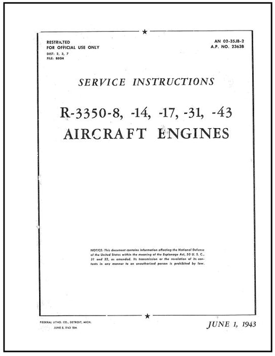 Wright Aeronautical R3350-8,-14,-17,-31,-33 1943 Maintenance Instructions (02-35JB-2)