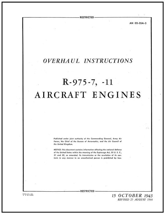 Wright Aeronautical R-975-7 & R-975-11 1943 Overhaul Instructions (02-35A-3)