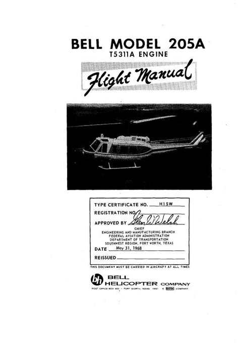 Bell 201 Bell Helicopter Model 205A T5311A Engine Flight Manual — Essco Aircraft