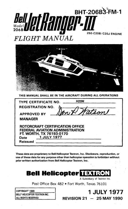 Bell Helicopter 206B Bell Jet Ranger IIl Flight Manual