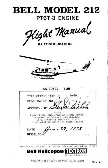Bell Helicopter Model 212 PT6T-3 Engine Flight Manual — Essco Aircraft