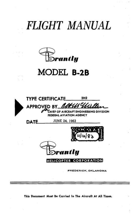 Brantly Helicopter Corp. B-2B Brantley 1982 Flight Manual (BTB2B-82-F-C)