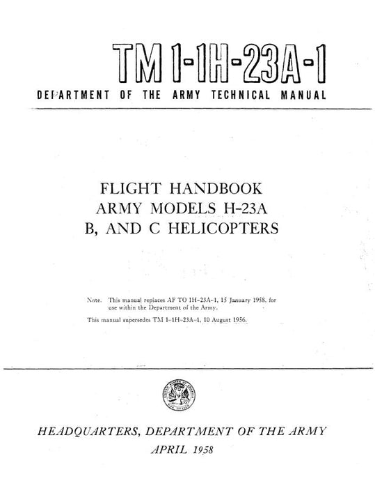 Hiller Helicopters H-23A,B,C 1958 Flight Handbook (1-1H-23A-1)