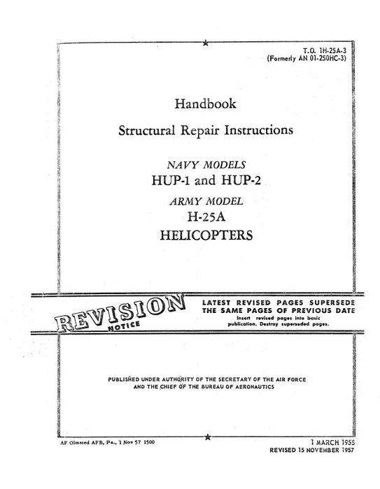 Piasecki Helicopters HUP-1,2, H-25A Helicopter 1955 Structural Repair Instructions (1H-25A-3)
