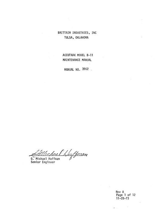 Brittain Industries Accutrak Model B-11 1973 Maintenance Manual (3962)