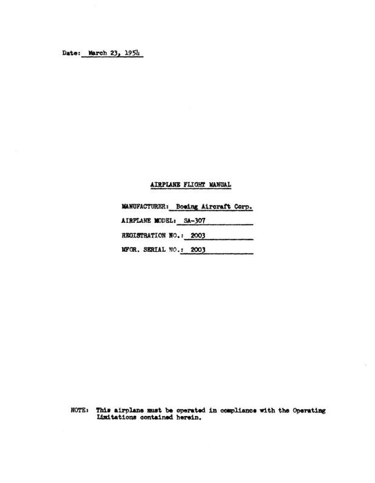 Boeing S-307 4-Engine Airliner 1954 Flight Manual (BOS307-54-F-C)