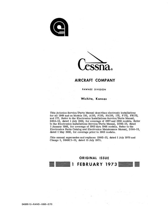 Cessna Avionic Install 150,172,177 Maintenance Manual 1969-1973 (D4500-13)