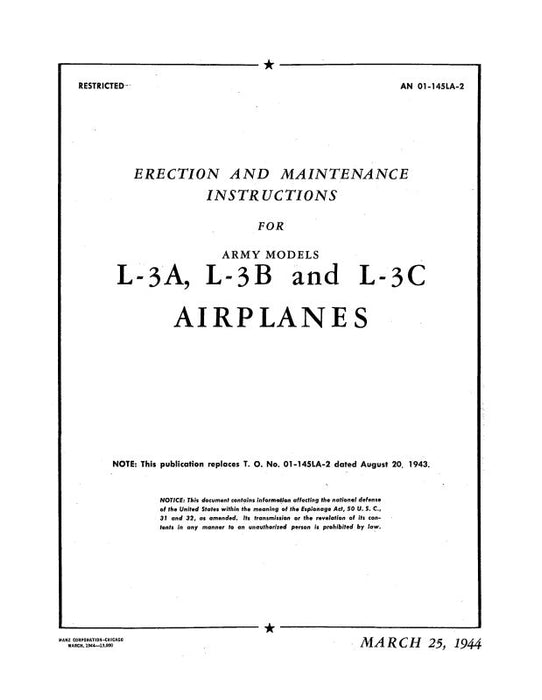 Aeronca L-3A, L-3B, L-3C 1944 Maintenance & Erection (01-145LA-2)