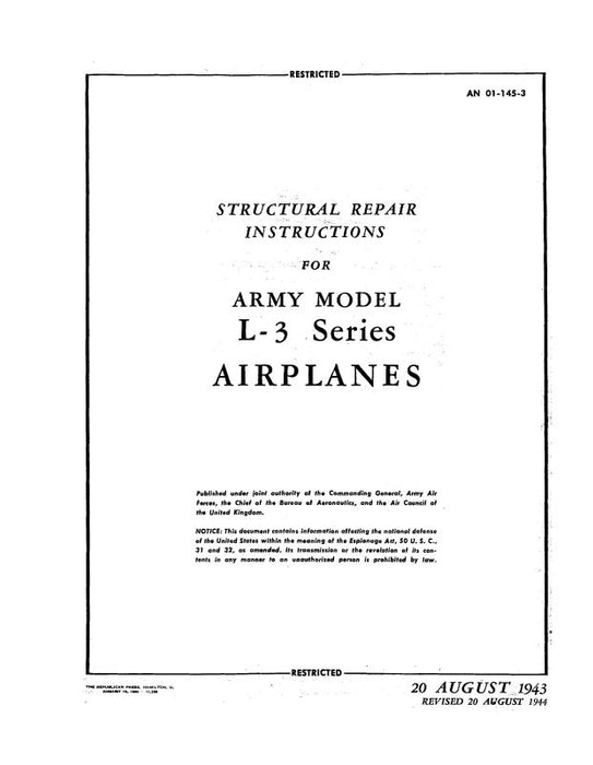 Aeronca L-3 Series 1943 Structural Repair Instructions (01-145-3)