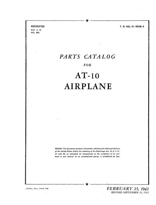 Beech AT-10 Series Parts Catalog (01-90KB-4)