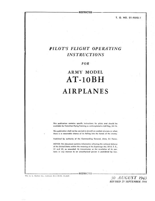 Beech AT-10BH Series Pilot's Flight Operating (01-90KB-1)