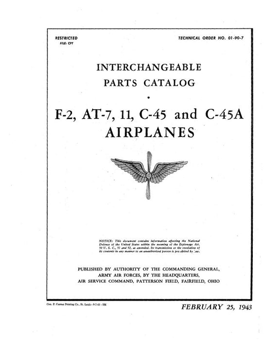 Beech F-2, AT-7,11, C-45, C-45A Interchangeable Parts List (01-90-7)