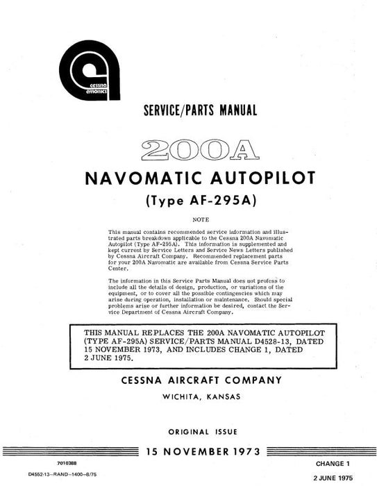 Cessna 200A Navomatic AF-295B Maintenance-Parts Manual (D4553-13)