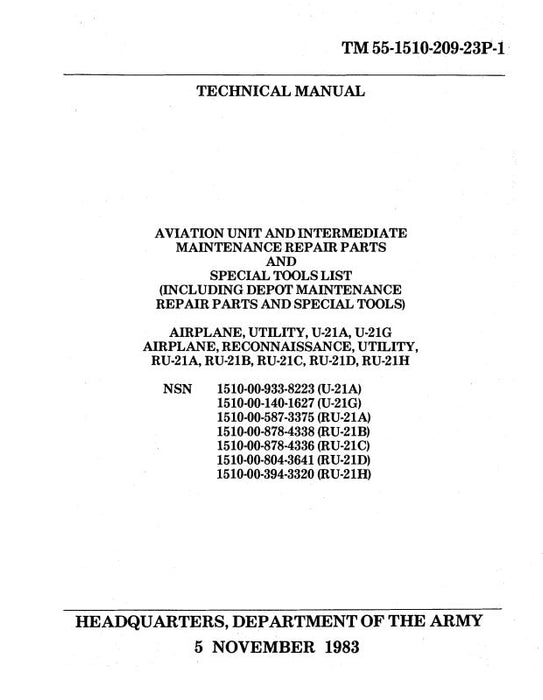 Beech U-21A,G & RU-21A,B,C,D,H Parts & Tool Lists (55-1510-209-23P)