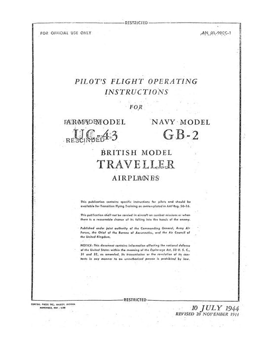 Beech UC-43 (GB-2) Stagger Wing Pilot's Flight Instructions (01-90CC-1)