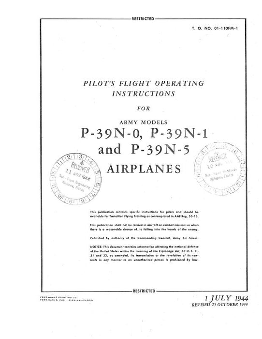 Bell P-39N-0, P-39N-1, P-39N-5 1944 Flight Manual (01-110FM-1)