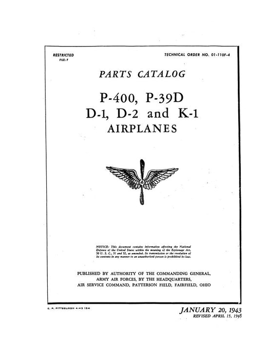 Bell P-400,P39,D1,D2,K1 Series 1943 Illustrated Parts Catalog (01-110-F-4)