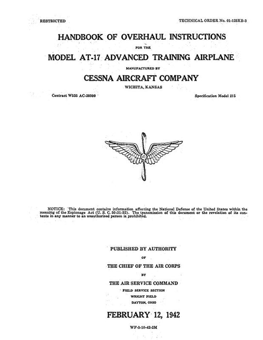 Cessna Model AT-17 1942 Overhaul Instructions (TO-#-01-125KB-3)