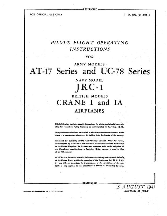 Cessna AT-17 & UC-78 Pilot's Flight Operating Instructions In Color (TO-#-01-125-1)