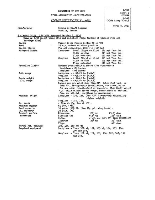 Cessna C145, C165 Aircraft Specifications (A-701)