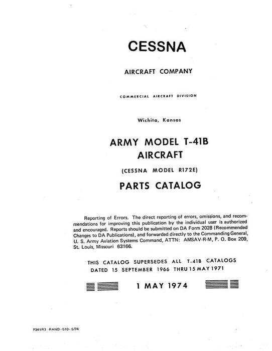 Cessna Army Model T-41B R172E1974 Illustrated Parts Catalog (P341R3)