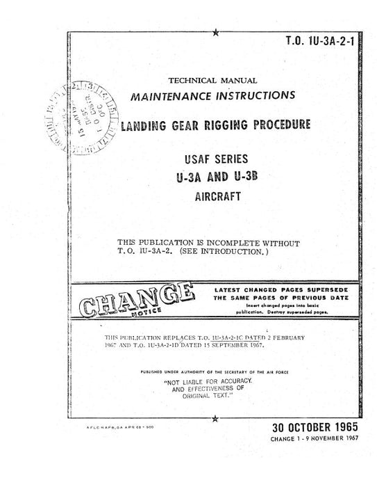 Cessna U3-A, B Landing Gear Rigging Pro. Maintenance Manual (1U-3A-2-1)