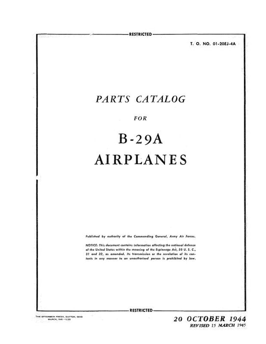 Consolidated B29A Airplanes 1944 Parts Catalog (0120EJA4) — Essco