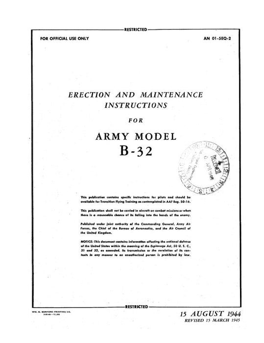 Consolidated B-32 Army Model 1944 Erection & Maintenance Instructions (01-5EQ-2)