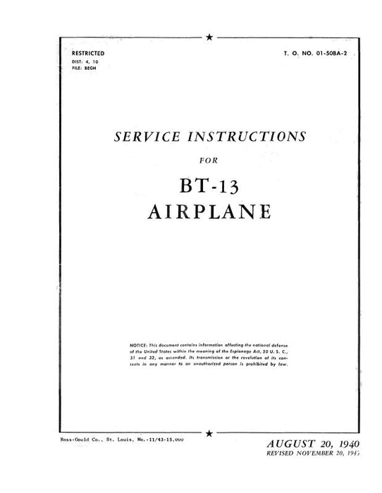 Consolidated BT-13 1940 Maintenance Instructions (01-50BA-2)