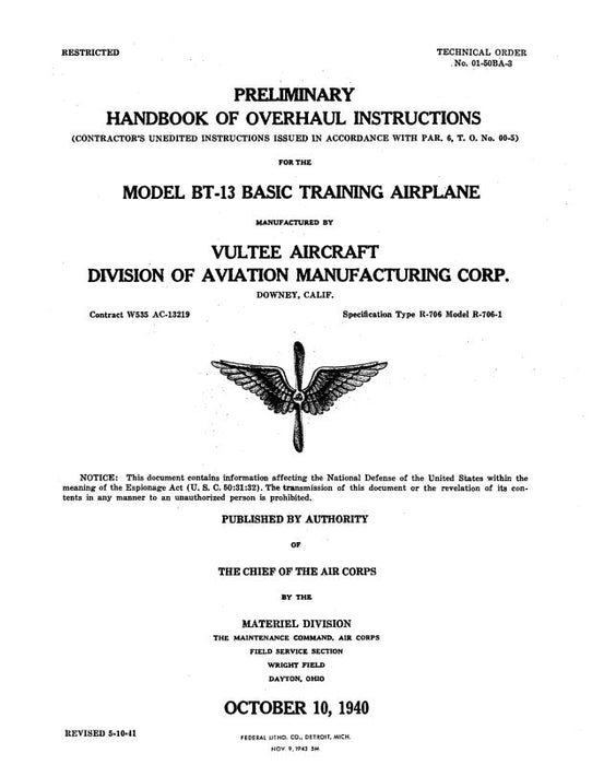 Consolidated BT-13 1940 Overhaul Instructions (01-50BA-3)
