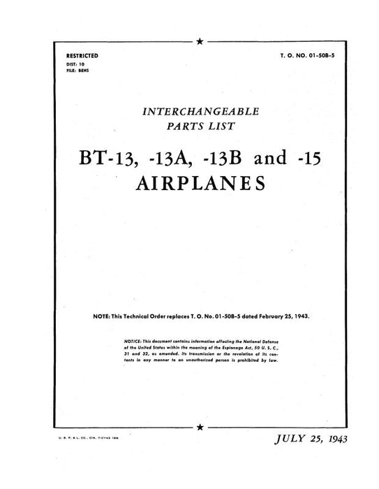 Consolidated BT-13,A,B & BT-15 1943 Interchangeable Parts List (01-50B-5)