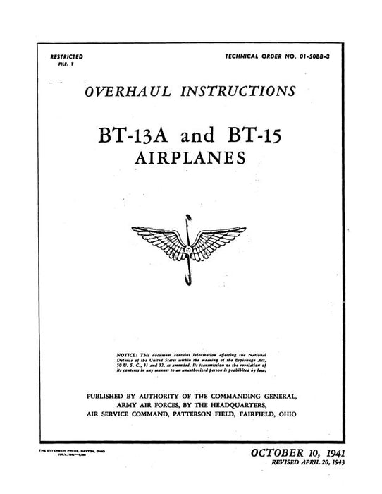 Consolidated BT-13A & BT-15 1941 Overhaul Instructions (01-50BB-3)