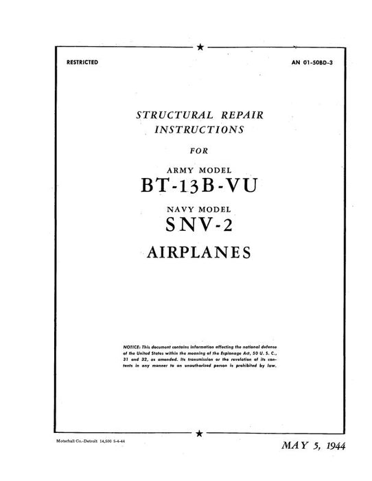 Consolidated BT-13B-VU Army 1944 Structural Repair Instructions (01-50BD-3)