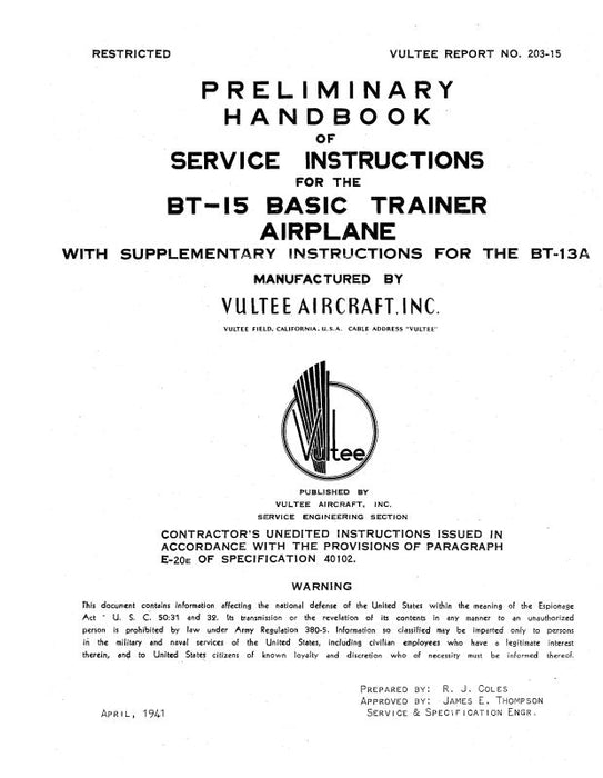Consolidated BT-15 1941 Maintenance Instructions (203-15)