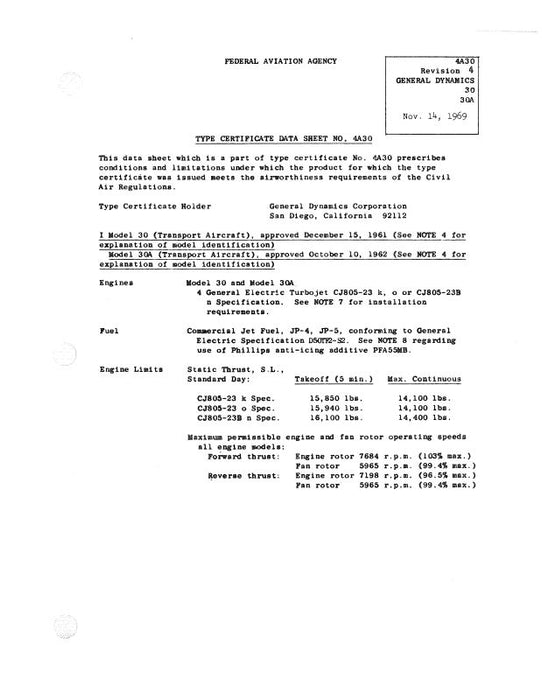 Consolidated General Dynamics 30&30A 1969 Aircraft Specification Sheet (4A30)