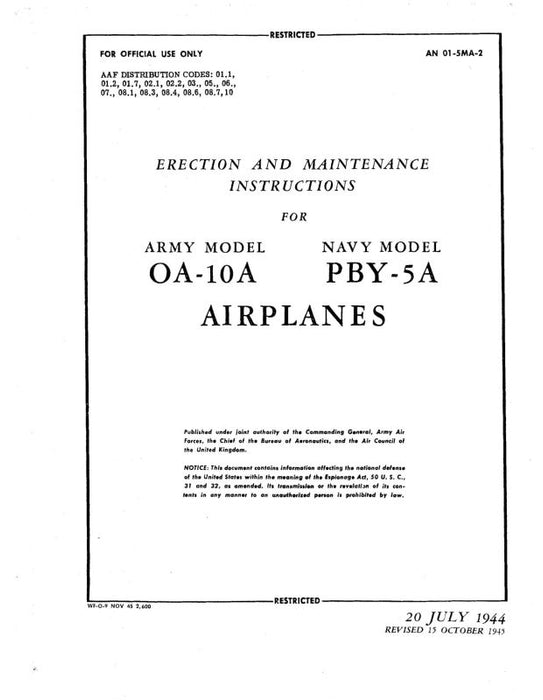 Consolidated PBY-5A Navy & OA-10A Army 1944 Erection & Maintenance Instructions (01-5MA-2)