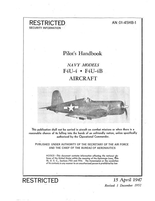Corsair Vought F4U-4, F4U-4B 1947 Pilot's Flight Handbook (AN01-45HB-1)