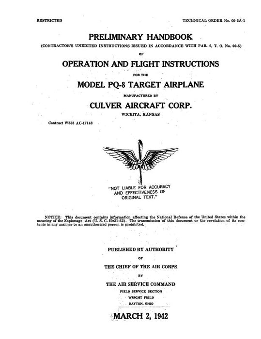Culver Aircraft Corporation PQ-8 Target Airplane 1942 Operation & Flight Instructions (09-5A-1)